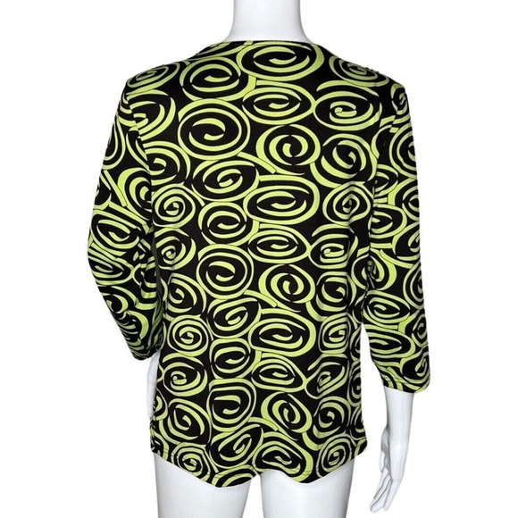 Prima Bella Shirt Women Medium Black Green Swirls Casual Office Slinky‎ Artsy - Picture 4 of 7